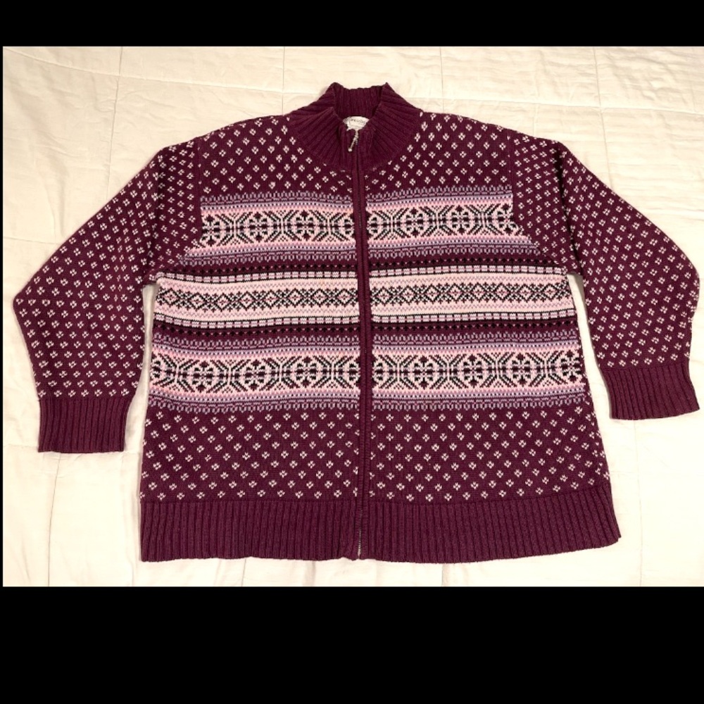 VTG Zip Cardigan Dressbarn Womens 22/24 Fair Isle Thick Knit 90s Ramie/Cotton